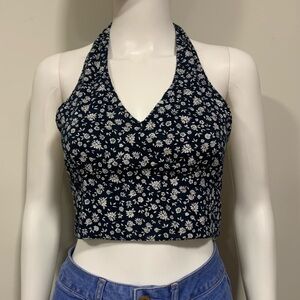 American Eagle Floral Crop Halter Top Navy Blue/White Womens SM Cottage Lake
